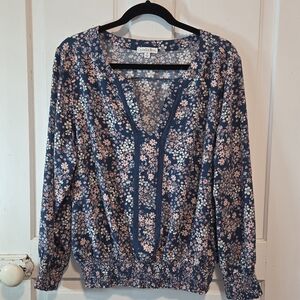 Floral V-Neck Blouse - Navy and Pink